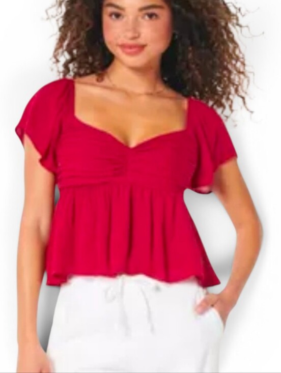 Hollister Tops - HOLLISTER Red Puff Sleeve Cropped Sweetheart Top - Large
